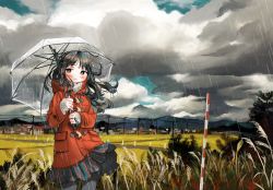 Rule 34 | 1girl, black hair, black pantyhose, black skirt, blush, brown eyes, closed mouth, cloud, cloudy sky, coat, day, duffel coat, highres, holding, holding umbrella, long hair, looking at viewer, original, outdoors, pantyhose, power lines, rain, scenery, skirt, sky, smile, solo, standing, striped clothes, striped skirt, umbrella, zinbei