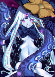 Rule 34 | 1girl, abigail williams (fate), abigail williams (third ascension) (fate), bad id, bad pixiv id, black bow, black hat, black panties, bow, breasts, commentary request, fate/grand order, fate (series), glowing, groin, hat, hat bow, highres, key, long hair, looking at viewer, mouth hold, navel, orange bow, pale skin, panties, paperfinger, parted bangs, pink eyes, print bow, revealing clothes, revision, sitting, small breasts, solo, star (symbol), star print, suction cups, tentacles, topless, underwear, very long hair, white hair, witch hat