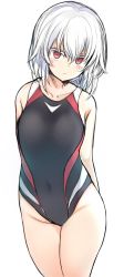Rule 34 | 1girl, arms behind back, bad id, bad twitter id, bare shoulders, black one-piece swimsuit, blush, closed mouth, commentary request, covered navel, cowboy shot, hair between eyes, highres, legs apart, looking at viewer, one-piece swimsuit, original, otokuyou, red eyes, simple background, solo, standing, swimsuit, white background, white hair