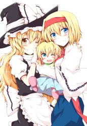 Rule 34 | 3girls, ;d, alice margatroid, apron, ascot, blonde hair, blue eyes, brown eyes, capelet, chata maru (irori sabou), child, female focus, grin, hairband, happy, hat, hat ribbon, if they mated, kirisame marisa, long hair, looking at viewer, messy hair, mother and daughter, multiple girls, one eye closed, open mouth, ribbon, smile, touhou, wink, witch, witch hat, yuri