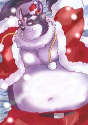 Rule 34 | 1boy, alternate costume, animal ears, bara, blush, christmas, extra ears, fat, fat man, from above, furry, furry male, hat, highres, kusarikake, looking at viewer, lying, male focus, mini hat, navel, nipples, on back, pectoral cleavage, pectorals, red hat, santa costume, santa hat, short hair, snowing, solo, thick eyebrows, tokyo houkago summoners, tsathoggua (housamo), tusks, wolf boy, wolf ears
