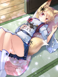 Rule 34 | 1girl, animal ears, ass, blonde hair, blue skirt, blush, fox ears, fox tail, hand on own stomach, highres, indoors, japanese clothes, looking at viewer, lying, miniskirt, nueco, on back, original, panties, pleated skirt, red eyes, short hair, skirt, solo, tail, tatami, thighs, underwear, wooden floor