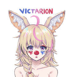 Rule 34 | 1girl, ahoge, animal ear fluff, animal ears, artist name, blonde hair, braid, clown, clown nose, club (shape), extetvictarion, fox ears, highres, hololive, long hair, looking at viewer, multicolored hair, nude, omaru polka, open mouth, simple background, solo, streaked hair, symbol-shaped pupils, virtual youtuber, white background