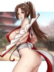 Rule 34 | 1girl, ass, bare shoulders, blurry, blurry background, blush, breasts, brown eyes, brown hair, fatal fury, fingernails, foreshortening, from side, hand fan, highres, holding, kurone rinka, large breasts, lips, long hair, looking at viewer, ninja, parted bangs, revealing clothes, rope, shiny skin, shiranui mai, sideboob, sleeveless, smile, snk, solo, the king of fighters, thighs