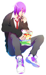 Rule 34 | 1boy, chips (food), food, kuroko no basuke, licking, male focus, murasakibara atsushi, purple eyes, purple hair, school uniform, shoes, sitting, sneakers, solo