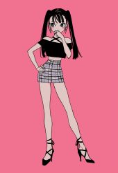 Rule 34 | 1girl, black footwear, black hair, black shirt, blue eyes, blush, covering own mouth, earrings, full body, hand on own hip, hand over own mouth, high heels, jewelry, legs, long hair, midriff, miniskirt, off-shoulder shirt, off shoulder, original, pink background, plaid, plaid skirt, shirt, simple background, skirt, solo, standing, tayama midori, twintails