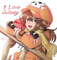 Rule 34 | 1girl, black gloves, box, box of chocolates, brown eyes, brown hair, fingerless gloves, gift, gloves, guilty gear, guilty gear strive, heart-shaped box, holding, holding gift, hood, hoodie, long hair, looking at viewer, mariebell, may (guilty gear), open mouth, orange headwear, orange hoodie, orange shirt, scarf, shirt, skull and crossbones, yellow scarf