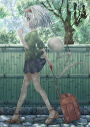 Rule 34 | 1girl, bamboo, blouse, blue eyes, blue skirt, bob cut, clenched hand, commentary request, contemporary, day, feet, green shirt, hairband, hand up, highres, konpaku youmu, konpaku youmu (ghost), miniskirt, outdoors, pegashi, rolling suitcase, sandals, shirt, short hair, short sleeves, silver hair, skirt, smile, solo, stone floor, suitcase, toes, touhou, tree, walking, wall