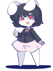 Rule 34 | 1girl, animal ears, black hair, black jacket, blazer, chahan (fried rice0614), collared shirt, cosplay, full body, highres, inaba tewi, jacket, looking at viewer, necktie, one-hour drawing challenge, open mouth, rabbit ears, red eyes, red necktie, reisen udongein inaba, reisen udongein inaba (cosplay), shirt, short hair, simple background, skirt, smile, solo, standing, touhou, white background, white shirt, white skirt