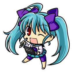 Rule 34 | 1girl, aqua hair, bow, chibi, fictional persona, hair bow, long hair, one eye closed, original, red eyes, simple background, socha, solo, source request, twintails, wink