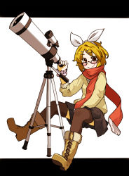 Rule 34 | 1girl, amonitto, blonde hair, casual, glasses, hair ornament, hairband, hairclip, kagamine rin, looking at viewer, pleated skirt, scarf, short hair, sitting, skirt, smile, solo, telescope, vocaloid, yellow eyes