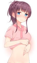 Rule 34 | 10s, 1girl, bad id, bad pixiv id, blue eyes, blush, breasts, eyebrows, fingernails, gradient background, groin, hand on own stomach, hospital gown, lifting own clothes, long hair, looking at viewer, medium breasts, midriff, navel, nekoume, new game!, nose blush, ponytail, purple hair, shirt, short sleeves, sidelocks, solo, stomach, sweatdrop, takimoto hifumi, upper body
