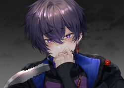 Rule 34 | 1boy, absurdres, black hair, black jacket, black nails, black shirt, blue eyes, blush, cloud, cloudy sky, commentary request, covering own mouth, ear piercing, earrings, fingernails, hair between eyes, hand up, highres, holding, holding knife, indie virtual youtuber, jacket, jewelry, knife, long sleeves, looking at viewer, makura wet, male focus, nail polish, open clothes, open jacket, piercing, purple shirt, raised eyebrows, red pupils, shirt, short hair, shoto (vtuber), sidelocks, single earring, sky, sleeves past wrists, solo, sword earrings, two-sided fabric, two-sided jacket, upper body, virtual youtuber