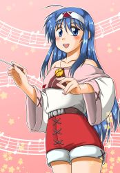 Rule 34 | 1girl, absurdres, belt, blue eyes, blue hair, blush, hairband, high-waist shorts, highres, jewelry, long hair, looking at viewer, lucia (lunar), lunar, lunar 2: eternal blue, motomiya ryou, musical note, necklace, open mouth, shorts, smile, solo