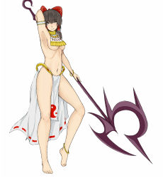 Rule 34 | 1girl, alternate costume, anklet, arm strap, arm up, armpits, ascot, bare legs, barefoot, black hair, bow, bracelet, breasts, cookin, full body, grey eyes, hair bow, hair tubes, hakurei reimu, highres, jewelry, legs, loincloth, looking at viewer, lots of jewelry, midriff, navel, pelvic curtain, polearm, revealing clothes, simple background, smile, solo, touhou, underboob, weapon, white background