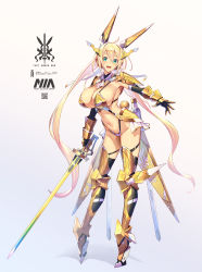 Rule 34 | 1girl, :d, armor, ascot, bikini armor, blonde hair, breasts, cleavage, elbow gloves, full body, gloves, gold armor, green eyes, grey background, highres, holding, holding sword, holding weapon, large breasts, long hair, looking at viewer, mechanical ears, navel, open mouth, original, resolution mismatch, simple background, smile, solo, source larger, standing, sword, takamine nadare, thighhighs, twintails, very long hair, weapon, white background