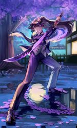 Rule 34 | 1girl, blue eyes, branch, cherry blossoms, fence, formal, highres, holding, holding sword, holding weapon, honkai (series), light, long hair, night, petals, ponytail, purple hair, raiden mei, reflection, signature, solo, suit, sword, tree, weapon, zephyrine-gale