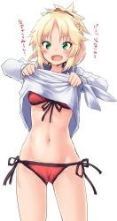 Rule 34 | 1girl, bikini, bikini under clothes, blonde hair, braid, cameltoe, clothes lift, cowboy shot, fang, fate/apocrypha, fate/grand order, fate (series), french braid, front-tie top, green eyes, hair ornament, hair scrunchie, looking at viewer, lowleg, lowleg bikini, mordred (fate), mordred (fate) (all), mordred (fate/apocrypha), mordred (swimsuit rider) (fate), mordred (swimsuit rider) (second ascension) (fate), mozu (peth), navel, red bikini, scrunchie, shirt, shirt lift, short hair, side-tie bikini bottom, simple background, solo, swimsuit, they&#039;re not panties, translated, undressing, white background, white shirt