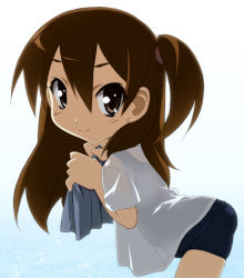 Rule 34 | 1girl, brown eyes, brown hair, extra, k-on!, long hair, school swimsuit, school uniform, solo, swimsuit, swimsuit under clothes, taki eri, twintails, yamano sachi
