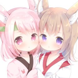 Rule 34 | 2girls, :o, animal ear fluff, animal ears, blush, brown hair, commentary request, facial mark, fox ears, hand up, headband, japanese clothes, kimono, long hair, looking at viewer, multiple girls, original, parted lips, pink hair, pink kimono, purple eyes, rabbit ears, rin (fuwarin), simple background, sleeves past fingers, sleeves past wrists, upper body, whisker markings, white background, white kimono