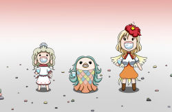 Rule 34 | 3girls, amabie, animal, animal on head, barefoot, bird, bird on head, bird wings, blonde hair, blue hair, boots, brown footwear, chibi, chick, commentary request, cup, dress, earlobes, ebisu eika, gargling, highres, holding, holding cup, jellyfish, knee boots, layered dress, light brown hair, long earlobes, long hair, multicolored hair, multiple girls, niwatari kutaka, on ground, on head, open mouth, orange skirt, puffy short sleeves, puffy sleeves, rakugaki-biyori, red hair, rock, short hair, short sleeves, skirt, solid circle eyes, solid oval eyes, standing, touhou, two-tone hair, white dress, wings, worm