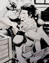 Rule 34 | 2boys, arm around neck, armor, bad id, bad pixiv id, barrel, belt, black hair, blonde hair, bruise, bruise on face, buster sword, clenched teeth, cloud strife, crate, final fantasy, final fantasy vii, final fantasy vii remake, gloves, greyscale, hair slicked back, injury, kyoujixxxx, monochrome, multiple belts, multiple boys, muscular, muscular male, parted bangs, scar, scar on face, shirt, shoulder armor, sleeveless, sleeveless shirt, spiked hair, square enix, suspenders, teeth, upper body, weapon, weapon on back, window, zack fair