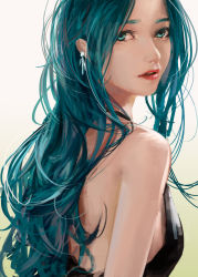 Rule 34 | 1girl, absurdres, aqua eyes, aqua hair, bare shoulders, black dress, choker, colored eyebrows, colored eyelashes, dress, earrings, eyebrows, g q, halterneck, hatsune miku, highres, jewelry, lips, long hair, looking at viewer, looking back, nose, parted lips, realistic, solo, strapless, strapless dress, vocaloid