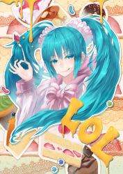 Rule 34 | 1girl, :q, aqua eyes, aqua hair, bow, cake, cake slice, candy, chocolate, colored eyelashes, cream, cupcake, eyelashes, food, fork, fruit, hair ornament, hatsune miku, jelly bean, konpeitou, lol -lots of laugh- (vocaloid), long hair, nidy, pancake, pastry, sailor collar, school uniform, solo, sprinkles, strawberry, strawberry shortcake, tongue, tongue out, twintails, vocaloid