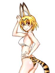 Rule 34 | 10s, 1girl, animal ear fluff, animal ears, arm up, ass, bad id, bad pixiv id, bare arms, bare shoulders, bickle (bickle1983), blonde hair, body blush, brown hair, closed mouth, commentary, cowboy shot, eyelashes, eyes visible through hair, from side, hair between eyes, hand on own hip, hand on own head, highres, kemono friends, legs together, looking at viewer, looking to the side, multicolored hair, serval (kemono friends), serval print, serval tail, short hair, smile, solo, split mouth, standing, streaked hair, tail, transparent background, two-tone hair