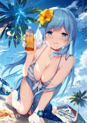 Rule 34 | 2girls, :d, all fours, armpit crease, bare shoulders, beach, beach umbrella, bikini, blue eyes, blue hair, blue nails, blue sarong, blush, bottle, bracelet, breasts, brown hair, chair, cleavage, cloud, collarbone, day, dutch angle, emori miku, ezuki luna, flower, front-tie bikini top, front-tie top, hair flower, hair ornament, hibiscus, highres, holding, holding bottle, jewelry, large breasts, liver city, long hair, looking at viewer, lotion, lounge chair, miyase mahiro, multiple girls, nail polish, open mouth, outdoors, palm tree, sarong, sidelocks, smile, solo focus, starfish, string bikini, striped bikini, striped clothes, sunlight, swimsuit, thighs, toenail polish, toenails, tree, umbrella, very long hair, wet