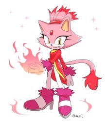 Rule 34 | 1girl, blaze the cat, burning blaze, eyelashes, fang, fire, forehead jewel, fur-trimmed footwear, fur-trimmed gloves, fur trim, furry, furry female, gloves, gold necklace, highres, hobi (4622j), jacket, jewelry, looking at viewer, necklace, pants, pink footwear, pink fur, ponytail, red jacket, sonic (series), white background, white gloves, white pants, yellow eyes