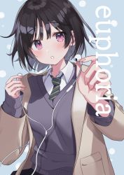Rule 34 | 1girl, :o, absurdres, black hair, blue background, collared shirt, comiket 99, earphones, hands up, highres, holding, holding earphones, jacket, looking at viewer, necktie, open mouth, original, pink eyes, shirt, short hair, smile, solo, sweater, upper body, yushima