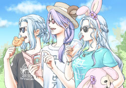 Rule 34 | 1girl, 2boys, alternate costume, animal ear hairband, animal ears, black shirt, blue shirt, blue sky, bracelet, braid, brown hat, cloud, covered eyes, cup, day, disposable cup, drinking, drinking straw, drinking straw in mouth, eating, emet-selch, facing ahead, fake animal ears, final fantasy, final fantasy xiv, food, hairband, half updo, hat, holding, holding cup, holding food, holding stuffed toy, hythlodaeus, index finger raised, jewelry, long hair, multiple boys, open mouth, outdoors, pamphlet, pendant, pink hairband, purple hair, rabbit ear hairband, rabbit ears, round eyewear, saku ff11, shirt, short ponytail, short sleeves, single braid, sky, stuffed animal, stuffed rabbit, stuffed toy, sunglasses, top hat, upper body, venat (ff14), wavy hair, white hair, white shirt