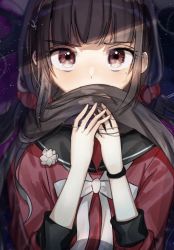 Rule 34 | 1girl, black hair, black sailor collar, blunt bangs, blush, brown hair, commentary request, covering own mouth, danganronpa (series), danganronpa v3: killing harmony, hair ornament, hair over mouth, hair scrunchie, harukawa maki, holding, holding own hair, long hair, long sleeves, looking at viewer, low twintails, mdr (mdrmdr1003), mole, mole under eye, red eyes, red scrunchie, red shirt, sailor collar, school uniform, scrunchie, serafuku, shirt, skirt, solo, star (symbol), starry background, twintails, upper body