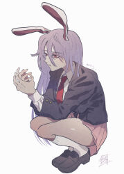 1girl absurdres animal_ears black_footwear blazer highres jacket kneehighs long_hair long_sleeves miniskirt multiple_girls necktie pink_skirt pleated_skirt purple_hair rabbit_ears rabbit_girl red_eyes red_necktie reisen_udongein_inaba shirt shoes simple_background skirt socks sokura_(mochichitose) solo squatting touhou translation_request very_long_hair white_background white_shirt white_socks