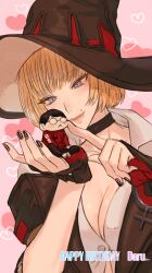 Rule 34 | 1boy, 1girl, alternate eye color, alternate hair color, black choker, black gloves, black headwear, blonde hair, blue eyes, breasts, choker, cleavage, esports, fingerless gloves, gloves, guilty gear, guilty gear strive, happy birthday, hat, highres, hitsuji kusa, i-no, large breasts, mole, mole above mouth, pink lips, real life, short hair, witch hat