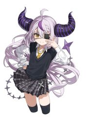 Rule 34 | 1girl, absurdres, ahoge, alternate costume, black skirt, black sweater vest, black thighhighs, braid, braided bangs, chuunibyou, closed mouth, collared shirt, commentary, cropped legs, demon girl, demon horns, demon tail, eyepatch, grey hair, hair between eyes, hand on own hip, hand up, highres, hololive, horns, huge horns, la+ darknesss, long hair, long sleeves, looking at viewer, miniskirt, multicolored hair, necktie, plaid, plaid skirt, pleated skirt, purple hair, school uniform, shirt, simple background, skirt, smile, solo, streaked hair, sweater vest, tachibana wataru (123tsuki), tail, thighhighs, two-tone hair, v-shaped eyebrows, very long hair, virtual youtuber, white background, white shirt, wind, wind lift, yellow eyes, yellow necktie