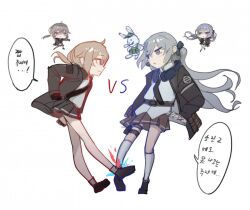 Rule 34 | 2girls, arca.live (website), counter:side, doll, full body, girls&#039; frontline, grey hair, han sorim, jacket, kicking, korean text, long hair, looking at another, m200 (girls&#039; frontline), multiple girls, pinion, rabbit, second-party source, shirt, skirt, standing, thighhighs, white shirt, white thighhighs