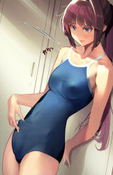 Rule 34 | 1girl, blue one-piece swimsuit, breasts, bulge, colored eyelashes, competition school swimsuit, cowboy shot, dutch angle, erection, erection under clothes, futanari, highres, indoors, medium breasts, one-piece swimsuit, original, penis in swimsuit, purple eyes, purple hair, school swimsuit, shiratama (monster1553), solo, swimsuit, thighs
