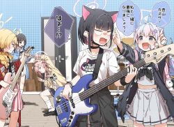 Rule 34 | 5girls, :d, airi (band) (blue archive), airi (blue archive), animal ears, black hair, blonde hair, blue archive, cat ears, cat girl, commentary request, electric guitar, extra ears, fusion dance, grey skirt, guitar, halo, highres, holding, holding instrument, indoors, instrument, kazusa (band) (blue archive), kazusa (blue archive), multiple girls, natsu (band) (blue archive), natsu (blue archive), official alternate costume, open door, open mouth, pink hair, pink skirt, reisa (blue archive), school uniform, serafuku, shirt, skirt, smile, speech bubble, standing, translation request, white shirt, white skirt, yoshimi (band) (blue archive), yoshimi (blue archive), yukie (kusaka shi)