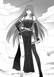Rule 34 | 1girl, alternate costume, aozaki aoko, asymmetrical legwear, bare shoulders, belt, breasts, cleavage, contrapposto, detached sleeves, dress, dust cloud, frilled thighhighs, frills, greyscale, hair intakes, hand on own hip, highres, large breasts, long hair, mahou tsukai no yoru, mismatched legwear, monochrome, sheath, sheathed, shirotsumekusa, short sword, side slit, single thighhigh, solo, standing, sword, thighhighs, very long hair, weapon
