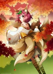 Rule 34 | 1girl, absurdres, an2a, animal ears, bare shoulders, blurry, cross-laced footwear, depth of field, divine grimoire, dutch angle, fox ears, fox tail, highres, huge filesize, japanese clothes, kimono, kitsune, kyuubi, leaf, leaf on head, looking back, mouth hold, multiple tails, object on head, original, pink hair, red eyes, scan, short hair, sleeves past wrists, solo, tail, tattoo