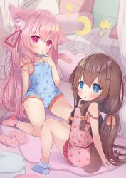 Rule 34 | 2girls, :&lt;, animal ear fluff, animal ears, arashiya, azur lane, bed, bedroom, blue camisole, blue eyes, blue footwear, blue panties, breasts, brown hair, camisole, cat ears, cat girl, cat tail, child, child on child, commission, commissioner upload, dog ears, dog girl, dog tail, finger to mouth, fumizuki (azur lane), hair ornament, hairclip, kisaragi (azur lane), knees up, long hair, looking back, multiple girls, open mouth, panties, pillow, pink camisole, pink eyes, pink footwear, pink hair, pink panties, pixiv commission, print camisole, print panties, ribbon, side ponytail, sitting, small breasts, socks, strap slip, tail, thighs, twintails, underwear, underwear only, very long hair, yuri