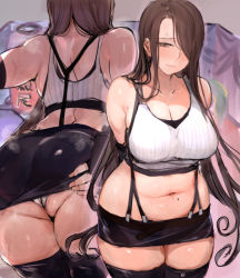 Rule 34 | 1girl, ass, back, black thighhighs, breasts, brown hair, c.cu, cleavage, cosplay, duplicate, final fantasy, final fantasy vii, final fantasy vii remake, hair over one eye, large breasts, mole, mole on stomach, multiple views, original, pencil skirt, skirt, thighhighs, tifa lockhart, tifa lockhart (cosplay), tsuyuhara miu