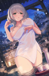 Rule 34 | 1girl, alcohol, bare shoulders, blush, breasts, choko (cup), cleavage, cup, green eyes, highres, hololive, large breasts, looking at viewer, makamati, onsen, open mouth, sake, shirogane noel, short hair, silver hair, solo, thighs, tokkuri, towel, virtual youtuber, wading, wet