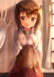 Rule 34 | 10s, 1girl, :o, against wall, blush, breasts squeezed together, breasts, brown eyes, brown hair, cowboy shot, curtains, headband, headgear, indoors, kantai collection, long sleeves, looking at viewer, parted lips, personification, petite, pov, red skirt, sakura ani, short hair, skirt, small breasts, solo focus, standing, sweatdrop, taihou (kancolle), tareme, window