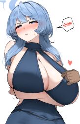 Rule 34 | 1girl, 1other, absurdres, ako (blue archive), ako (dress) (blue archive), blue archive, blue eyes, blue hair, blue halo, blush, breasts, cleavage, crossed arms, dress, earrings, hair between eyes, halo, heart, highres, jewelry, kagi f, large breasts, long hair, open mouth, simple background, sleeveless, sleeveless dress, solo focus, spoken blush, upper body, white background