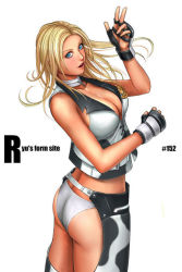 Rule 34 | 1girl, animal print, ass, blonde hair, blue eyes, breasts, chaps, cleavage, cow print, dixie clemets, female focus, gloves, large breasts, rumble roses, ryu (ryu&#039;s form site), solo, swimsuit, white background