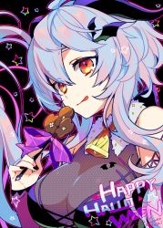 Rule 34 | ahoge, alternate costume, artist name, bat hair ornament, bell, blue hair, bow, breasts, candy, cleavage, food, ganyu (genshin impact), genshin impact, hair ornament, halloween, happy halloween, highres, horns, looking at viewer, medium breasts, memeno, neck bell, sidelocks, signature, smile, solo, sweets, tongue, tongue out, yellow eyes
