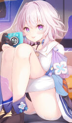 Rule 34 | :p, blue eyes, blue jacket, blue skirt, blurry, blurry background, breasts, brown footwear, brown gloves, camera, closed mouth, gloves, hair between eyes, highres, holding, holding camera, honkai: star rail, honkai (series), jacket, knees up, komone ushio, large breasts, looking at viewer, march 7th (honkai: star rail), medium hair, multicolored eyes, pink hair, purple eyes, shirt, sitting, skirt, smile, solo, thighs, tongue, tongue out, white shirt